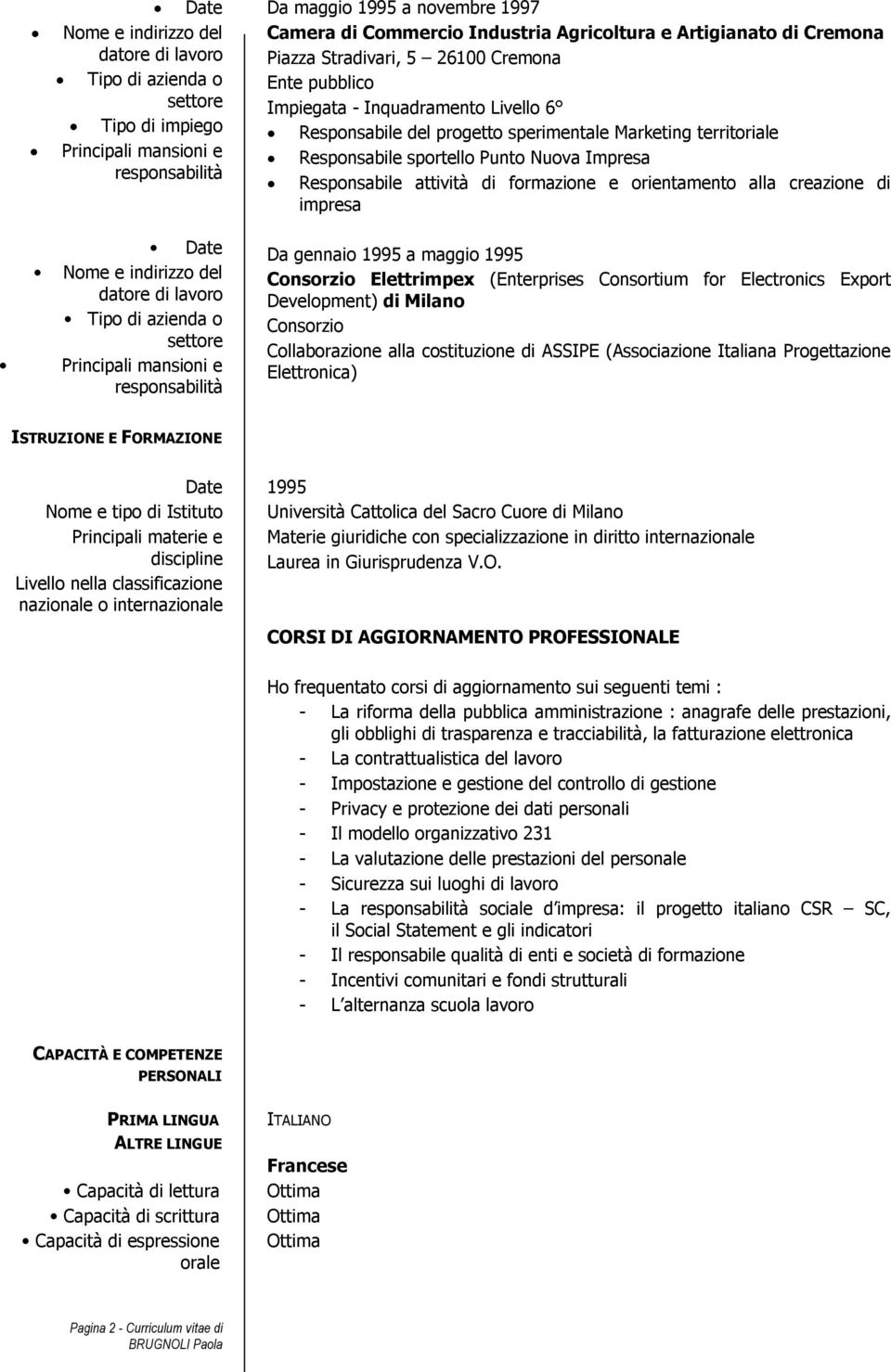 orientamento alla creazione di impresa Date Nome e indirizzo del Tipo di azienda o Da gennaio 1995 a maggio 1995 Consorzio Elettrimpex (Enterprises Consortium for Electronics Export Development) di