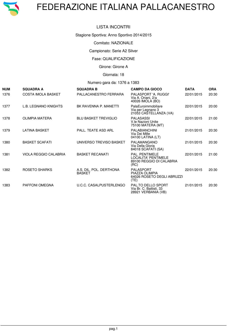 TEATE ASD ARL PALABIANCHINI Via Dei Mille 04100 LATINA (LT) 1380 SCAFATI UNIVERSO TREVISO PALAMANGANO Via Della Gloria 84018 SCAFATI (SA) 1381 VIOLA REGGIO CALABRIA RECANATI PAL.