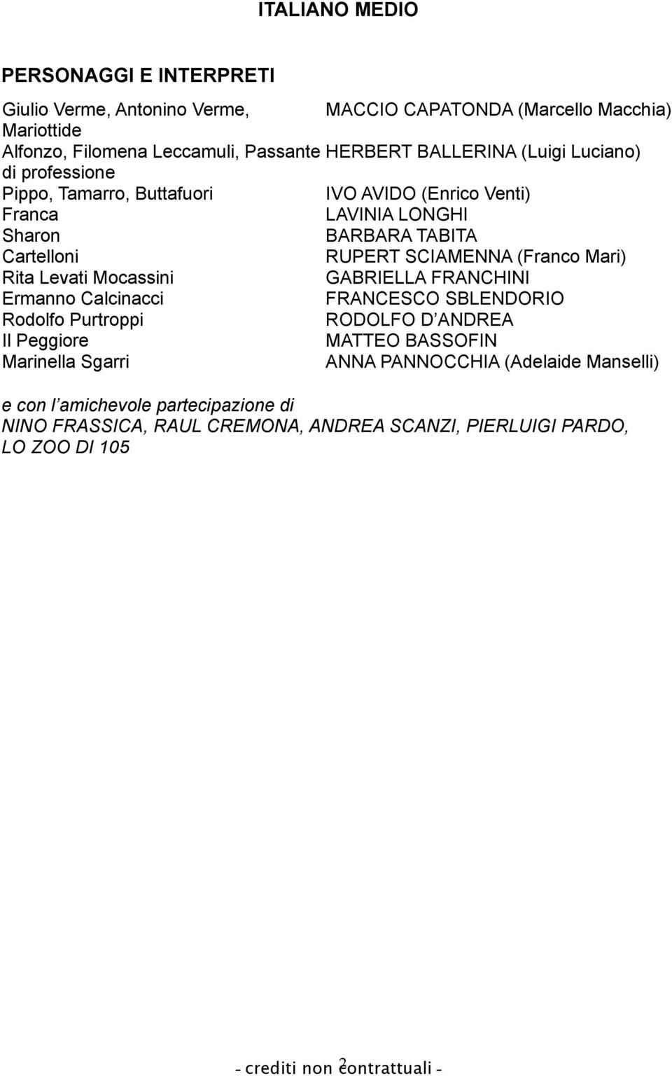 Rita Levati Mocassini GABRIELLA FRANCHINI Ermanno Calcinacci FRANCESCO SBLENDORIO Rodolfo Purtroppi RODOLFO D ANDREA Il Peggiore MATTEO BASSOFIN Marinella Sgarri