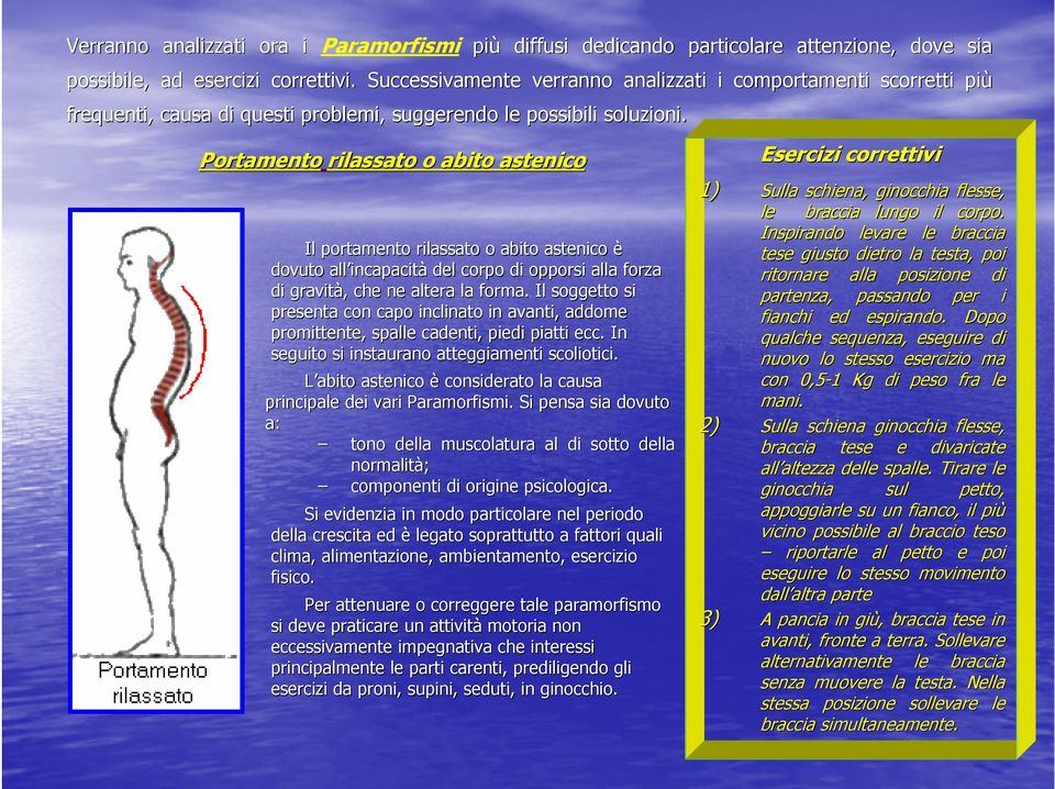 Portamento rilassato o abito astenico Il portamento rilassato o abito astenico è dovuto all incapacit incapacità del corpo di opporsi alla forza di gravità,, che ne altera la forma.