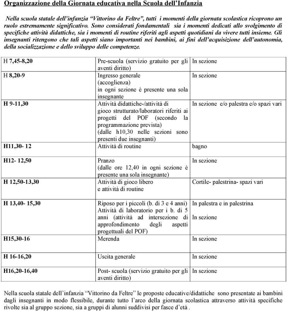 Sono considerati fondamentali sia i momenti dedicati allo svolgimento di specifiche attività didattiche, sia i momenti di routine riferiti agli aspetti quotidiani da vivere tutti insieme.