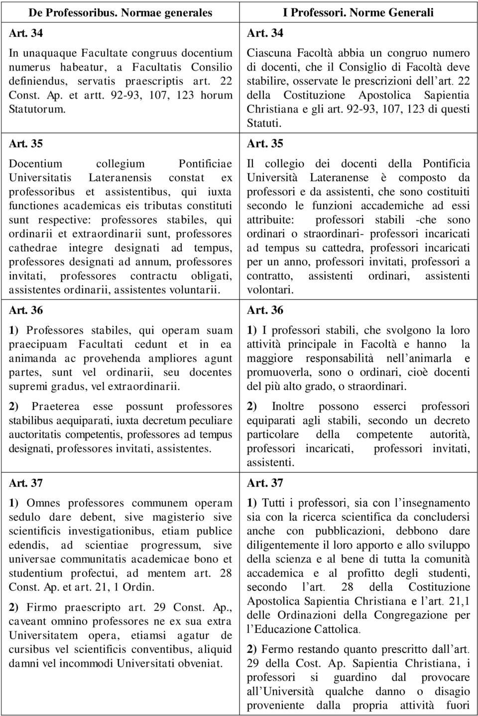 35 Docentium collegium Pontificiae Universitatis Lateranensis constat ex professoribus et assistentibus, qui iuxta functiones academicas eis tributas constituti sunt respective: professores stabiles,