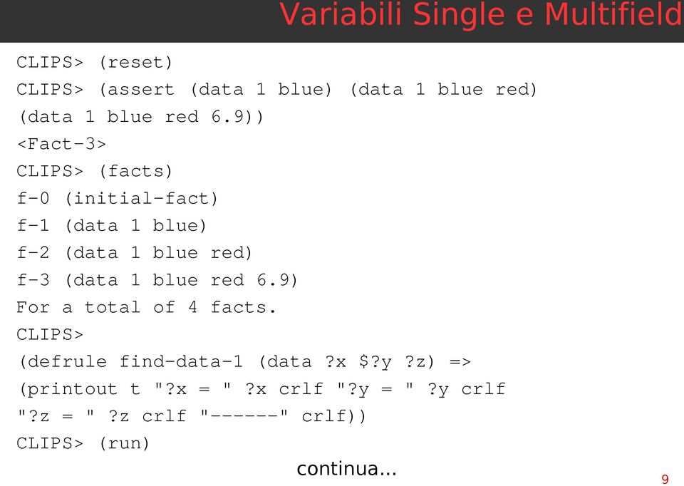 9)) <Fact-3> CLIPS> (facts) f-0 (initial-fact) f-1 (data 1 blue) f-2 (data 1 blue red) f-3 (data