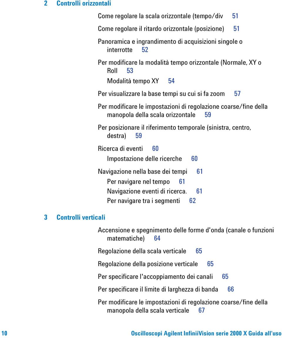 regolazione coarse/fine della manopola della scala orizzontale 59 Per posizionare il riferimento temporale (sinistra, centro, destra) 59 Ricerca di eventi 60 Impostazione delle ricerche 60