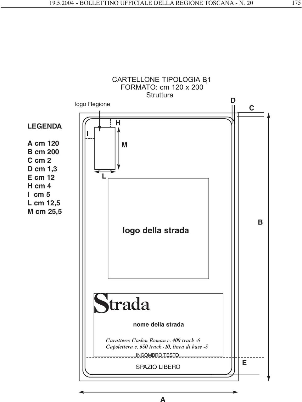 B cm 200 C cm 2 D cm 1,3 E cm 12 H cm 4 I cm 5 L cm 12,5 M cm 25,5 I L H M logo della strada B