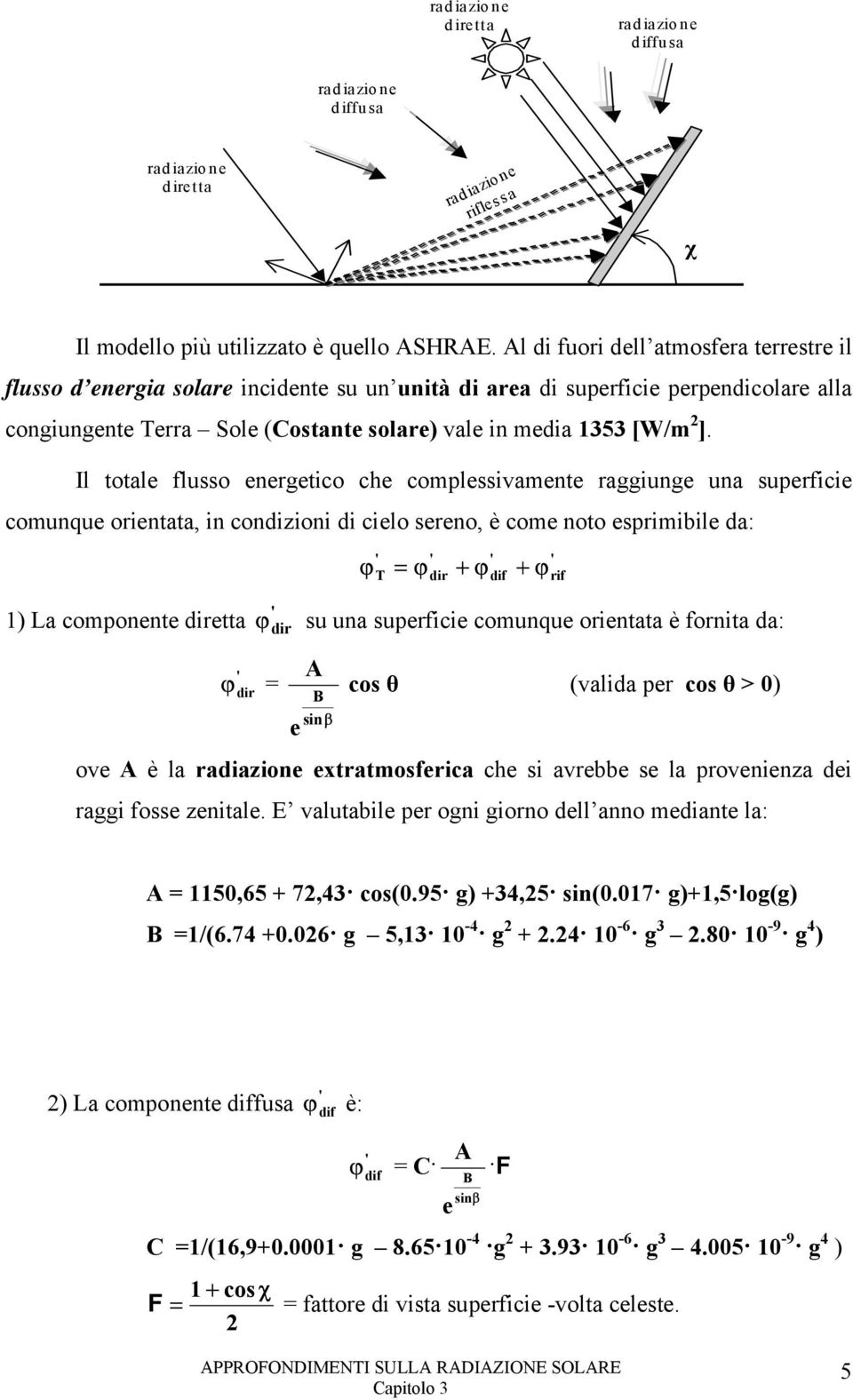 Il totale flusso energetico che complessivamente raggiunge una superficie comunque orientata, in condizioni di cielo sereno, è come noto esprimibile da: ) La componente diretta ϕ dir = ϕ T = ϕ dir +