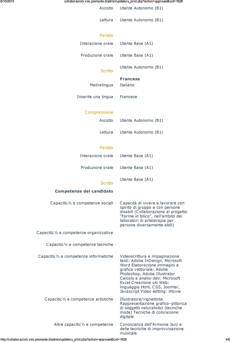 dei laboratori di arteterapia per persone diversamente abili) C apacitï ½ e competenze organizzative C apacitï ½ e competenze tecniche C apacitï ½ e competenze informatiche C apacitï ½ e competenze