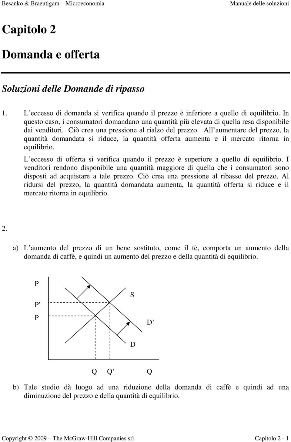 All aumentare del prezzo, la quantità domandata si riduce, la quantità offerta aumenta e il mercato ritorna in equilibrio.