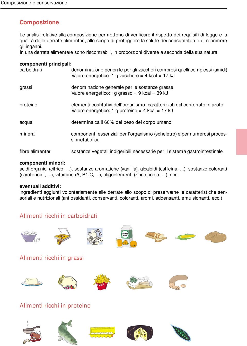 In una derrata alimentare sono riscontrabili, in proporzioni diverse a seconda della sua natura: componenti principali: carboidrati denominazione generale per gli zuccheri compresi quelli complessi