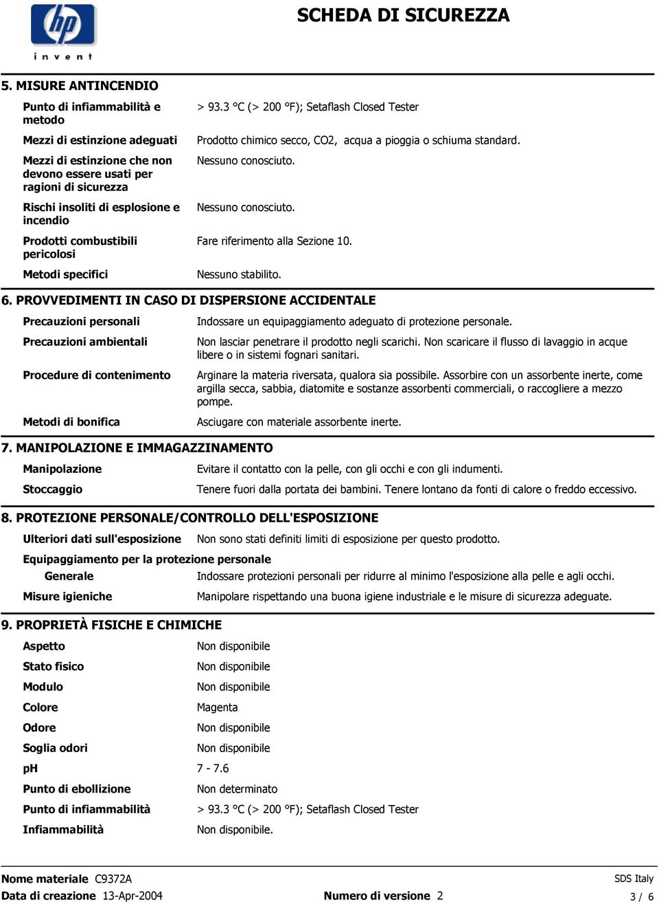 riferimento alla Sezione 10 Nessuno stabilito 6 PROVVEDIMENTI IN CASO DI DISPERSIONE ACCIDENTALE Precauzioni personali Precauzioni ambientali Procedure di contenimento Metodi di bonifica Indossare un