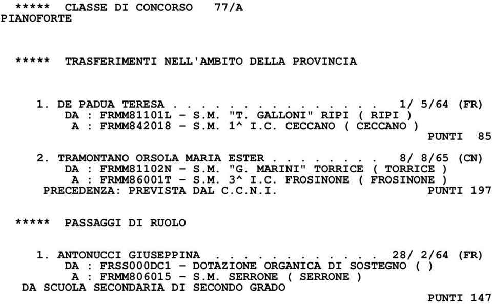 MARINI" TORRICE ( TORRICE ) A : FRMM86001T - S.M. 3^ I.C. FROSINONE ( FROSINONE ) PRECEDENZA: PREVISTA DAL C.C.N.I. PUNTI 197 ***** PASSAGGI DI RUOLO 1.