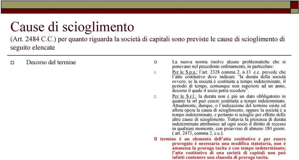 e che si ponevano nel precedente ordinamento, in particolare: 1. Per le S.p.a.: l art. 2328 comma 2, n.13.c.c. prevede che l atto costitutivo deve indicare la durata della società ovvero, se la