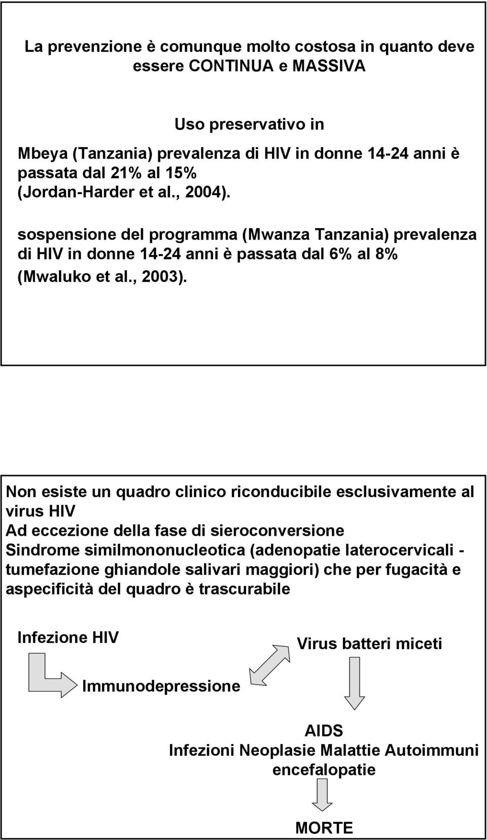 Non esiste un quadro clinico riconducibile esclusivamente al virus HIV Ad eccezione della fase di sieroconversione Sindrome similmononucleotica (adenopatie laterocervicali