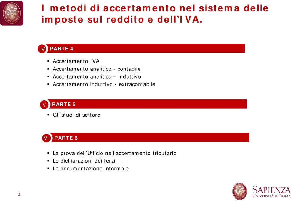 induttivo Accertamento induttivo - extracontabile V PARTE 5 Gli studi di settore VI PARTE