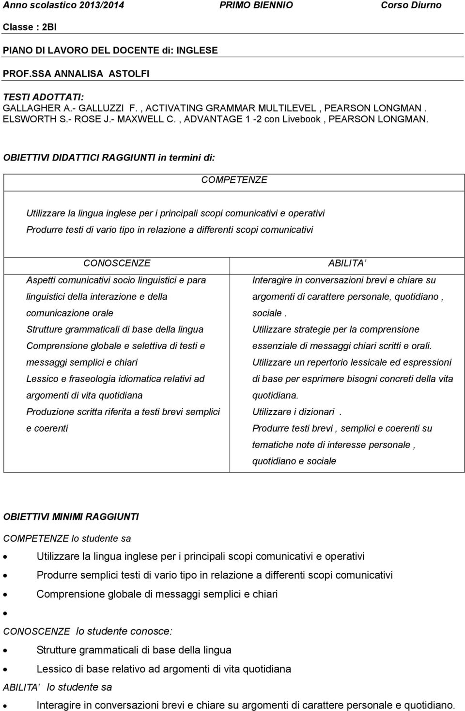 OBIETTIVI DIDATTICI RAGGIUNTI in termini di: COMPETENZE Utilizzare la lingua inglese per i principali scopi comunicativi e operativi Produrre testi di vario tipo in relazione a differenti scopi