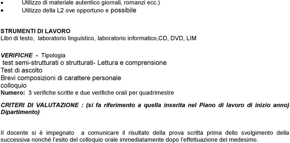 semi-strutturati o strutturati- Lettura e comprensione Test di ascolto Brevi composizioni di carattere personale colloquio Numero: 3 verifiche scritte e due verifiche orali per