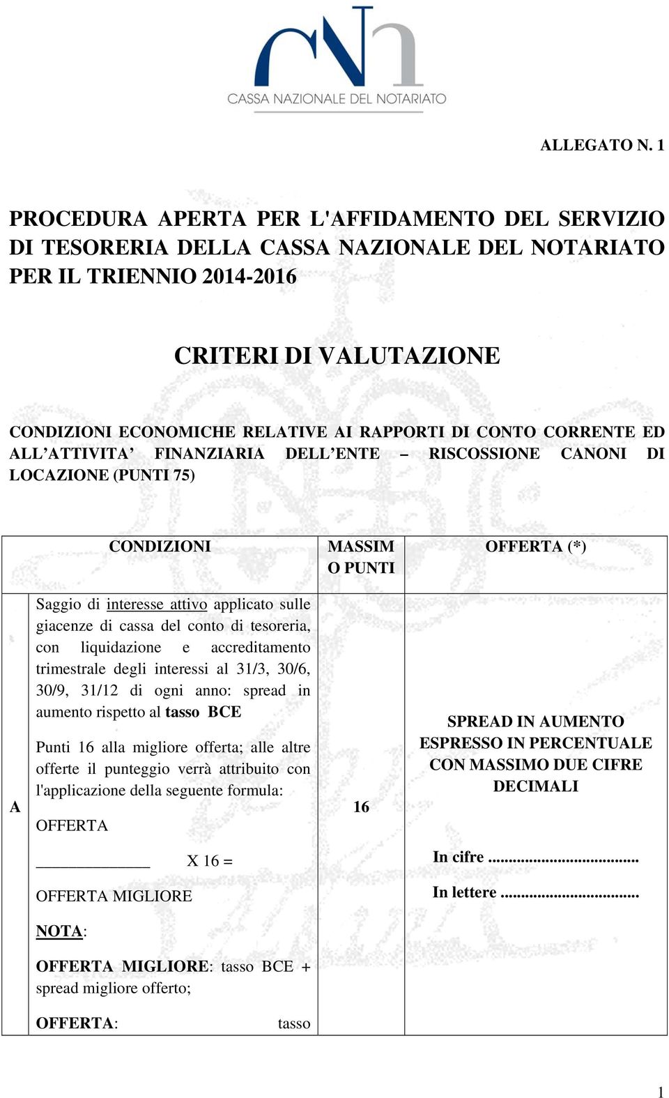 CORRENTE ED ALL ATTIVITA FINANZIARIA DELL ENTE RISCOSSIONE CANONI DI LOCAZIONE (PUNTI 7) CONDIZIONI MASSIM O PUNTI OFFERTA (*) A Saggio di interesse attivo applicato sulle giacenze di cassa del conto