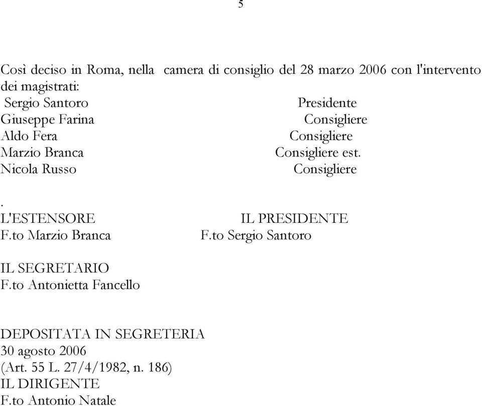 L'ESTENSORE F.to Marzio Branca IL PRESIDENTE F.to Sergio Santoro IL SEGRETARIO F.