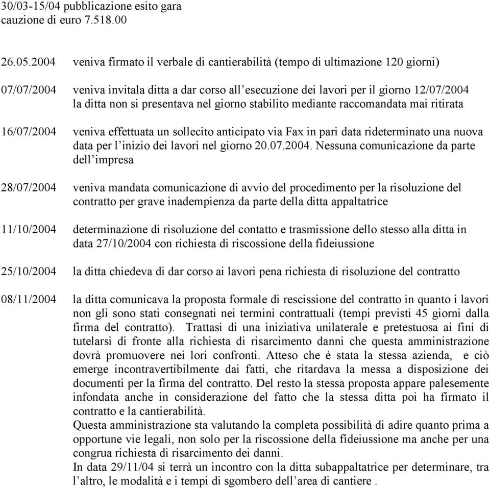 presentava nel giorno stabilito mediante raccomandata mai ritirata 16/07/2004 veniva effettuata un sollecito anticipato via Fax in pari data rideterminato una nuova data per l inizio dei lavori nel