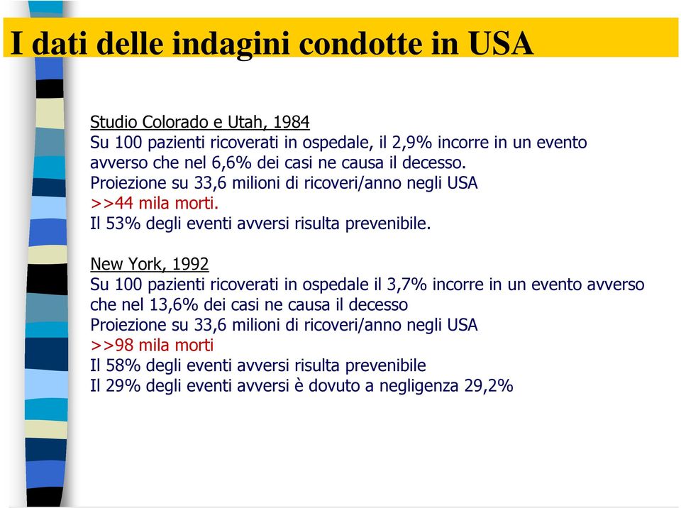 New York, 1992 Su 100 pazienti ricoverati in ospedale il 3,7% incorre in un evento avverso che nel 13,6% dei casi ne causa il decesso Proiezione su 33,6