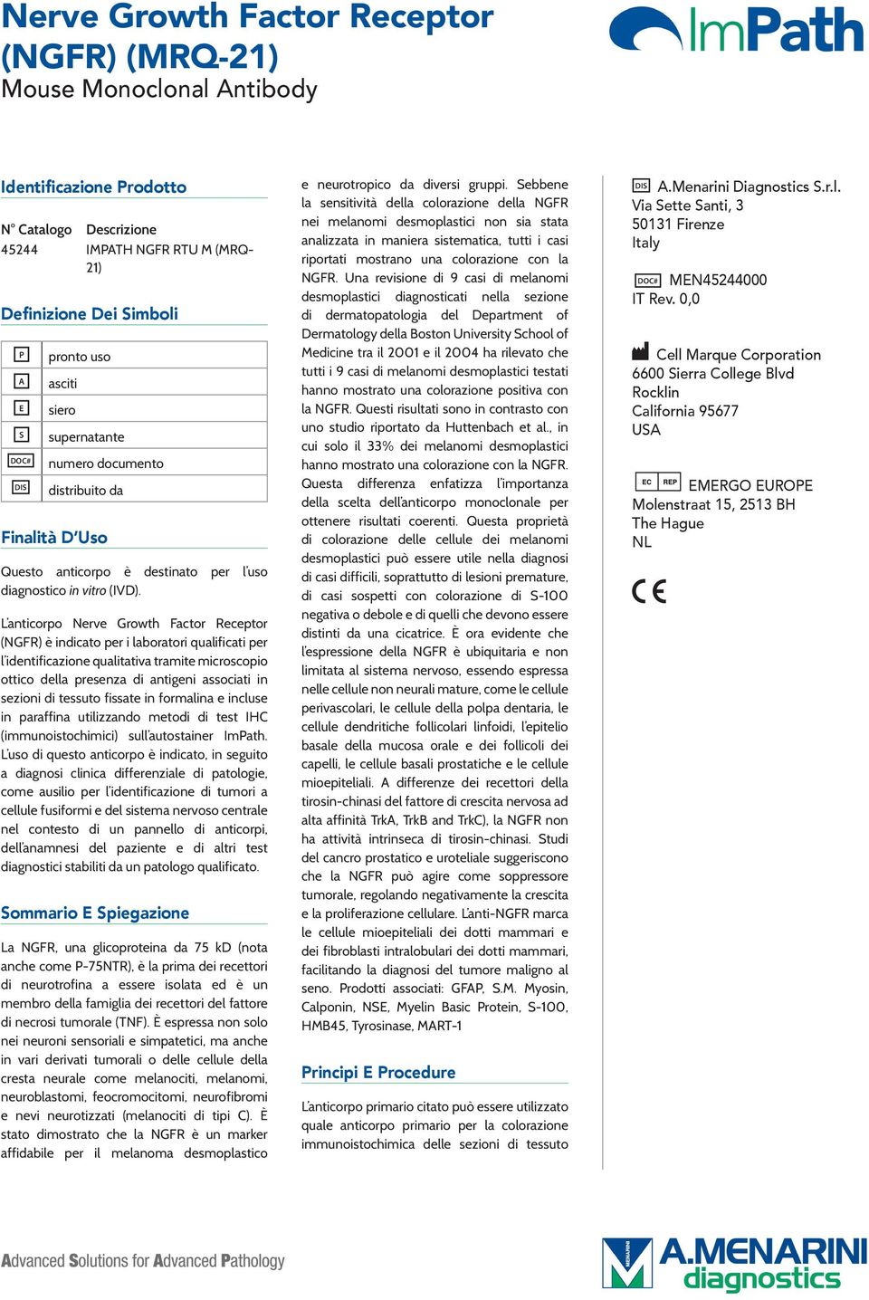 L anticorpo Nerve Growth Factor Receptor (NGFR) è indicato per i laboratori qualificati per l identificazione qualitativa tramite microscopio ottico della presenza di antigeni associati in sezioni di