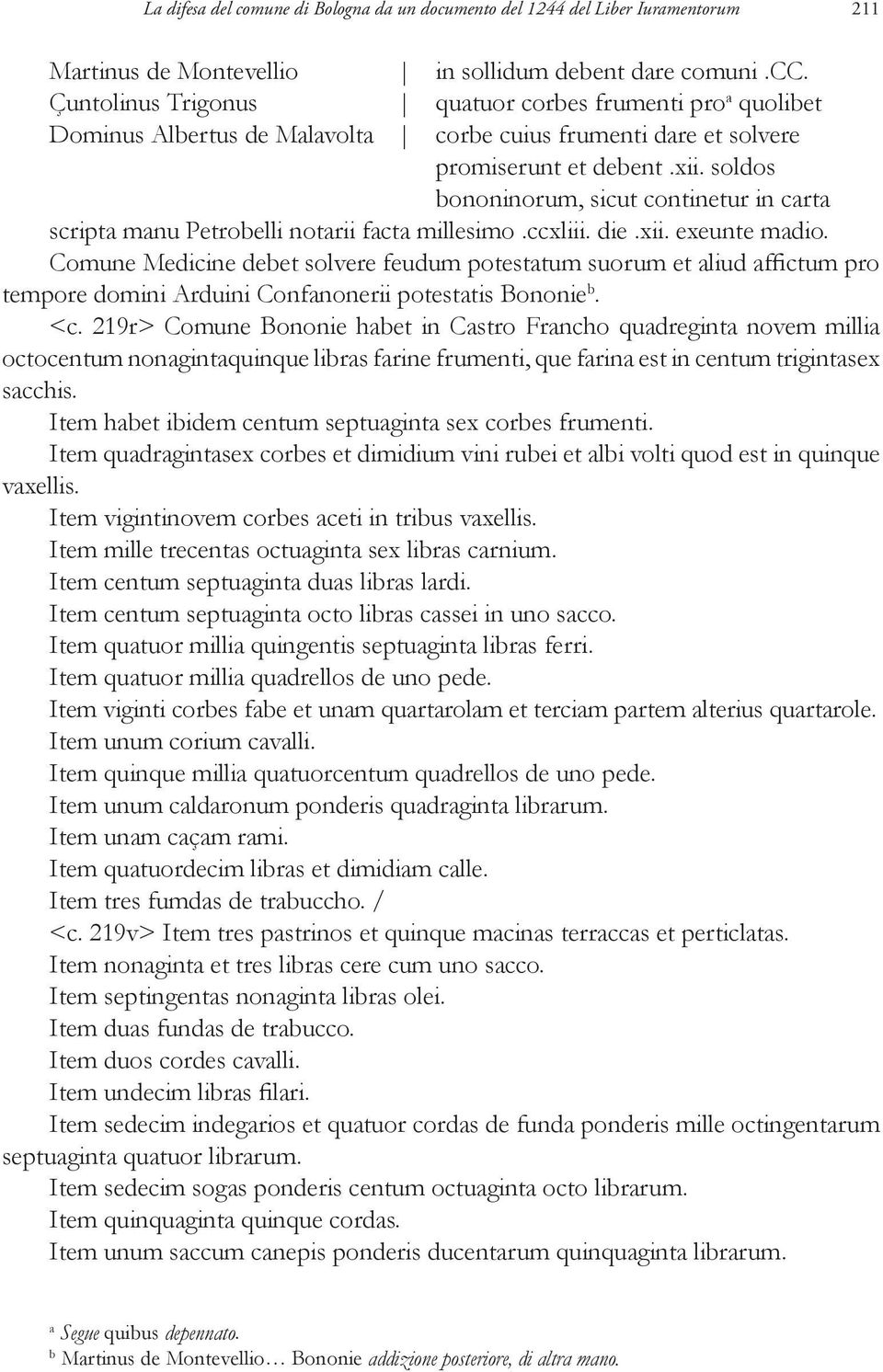 soldos bononinorum, sicut continetur in carta scripta manu Petrobelli notarii facta millesimo.ccxliii. die.xii. exeunte madio.