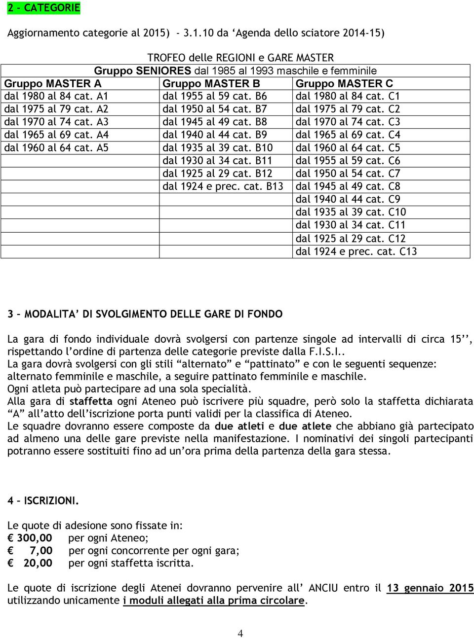 10 da Agenda dello sciatore 2014-15) TROFEO delle REGIONI e GARE MASTER Gruppo SENIORES dal 1985 al 1993 maschile e femminile Gruppo MASTER A Gruppo MASTER B Gruppo MASTER C dal 1980 al 84 cat.