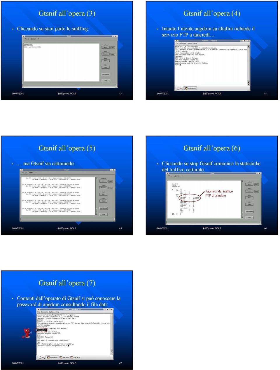 Cliccando su stop Gtsnif comunica le statistiche del catturato: Pacchetti del FTP di angdom 10/07/2001 Sniffer con PCAP 45 10/07/2001 Sniffer con