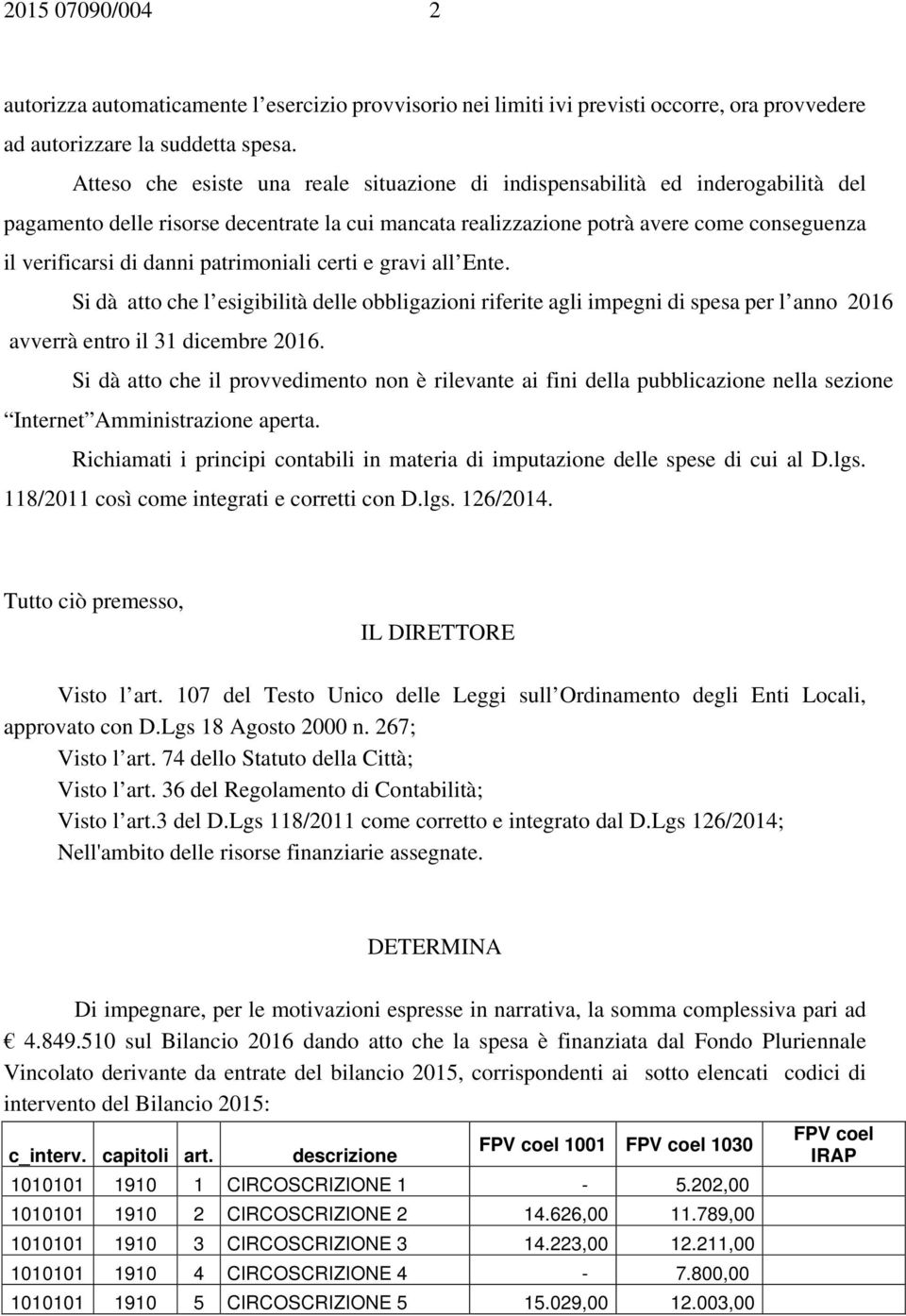 patrimoniali certi e gravi all Ente. Si dà atto che l esigibilità delle obbligazioni riferite agli impegni di spesa per l anno 2016 avverrà entro il 31 dicembre 2016.