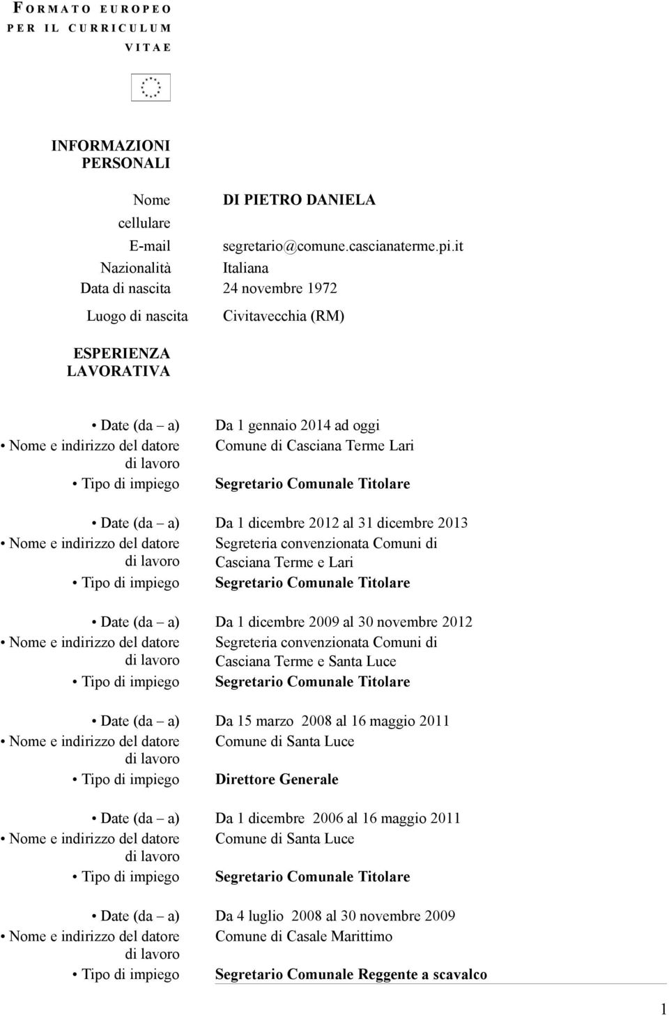 it Italiana 24 novembre 1972 Civitavecchia (RM) ESPERIENZA LAVORATIVA Nome e indirizzo del datore Tipo di impiego Da 1 gennaio 2014 ad oggi Comune di Casciana Terme Lari Segretario Comunale Titolare