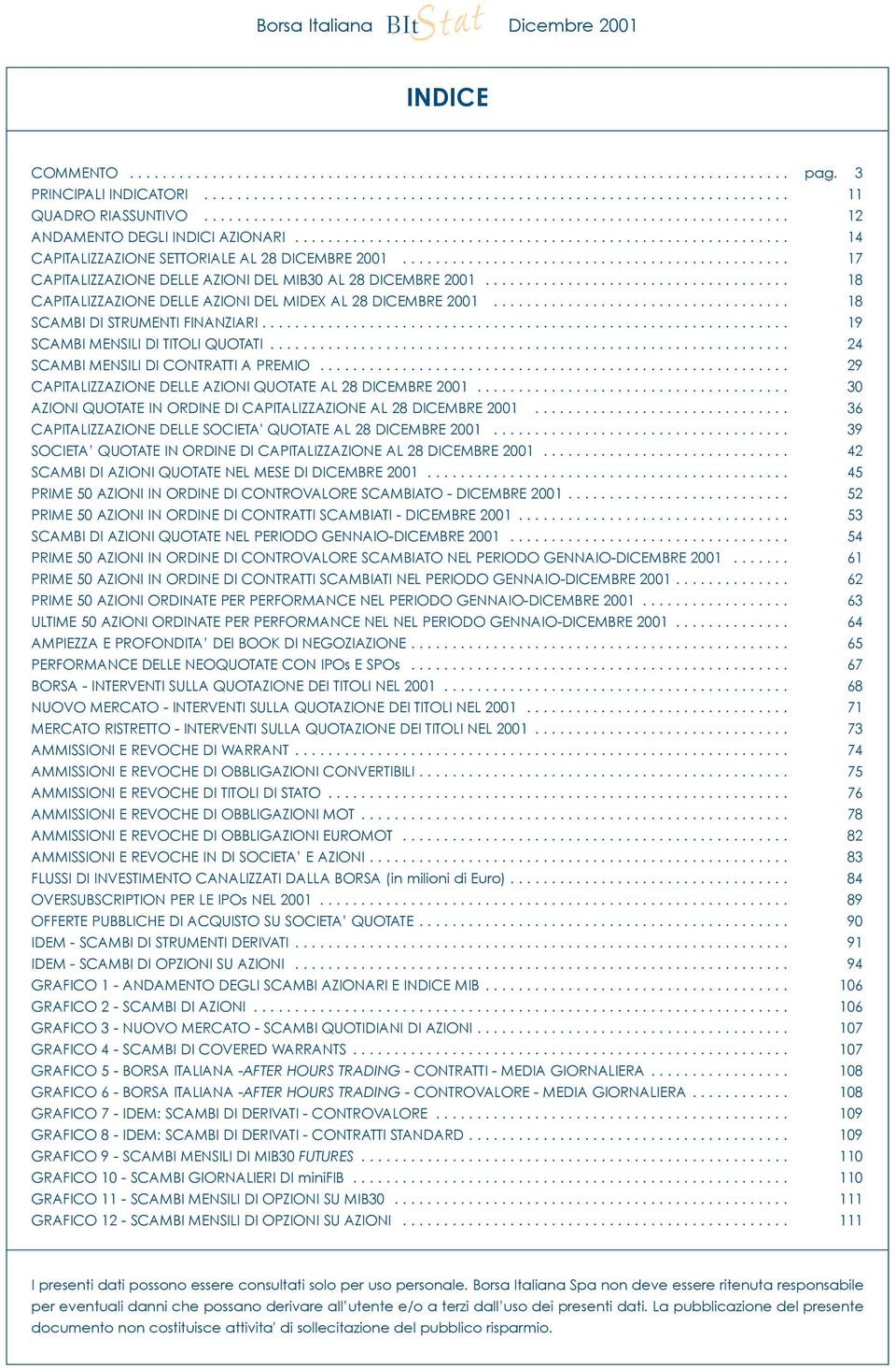 .............................................. 17 CAPITALIZZAZIONE DELLE AZIONI DEL MIB30 AL 28 DICEMBRE 2001..................................... 18 CAPITALIZZAZIONE DELLE AZIONI DEL MIDEX AL 28 DICEMBRE 2001.