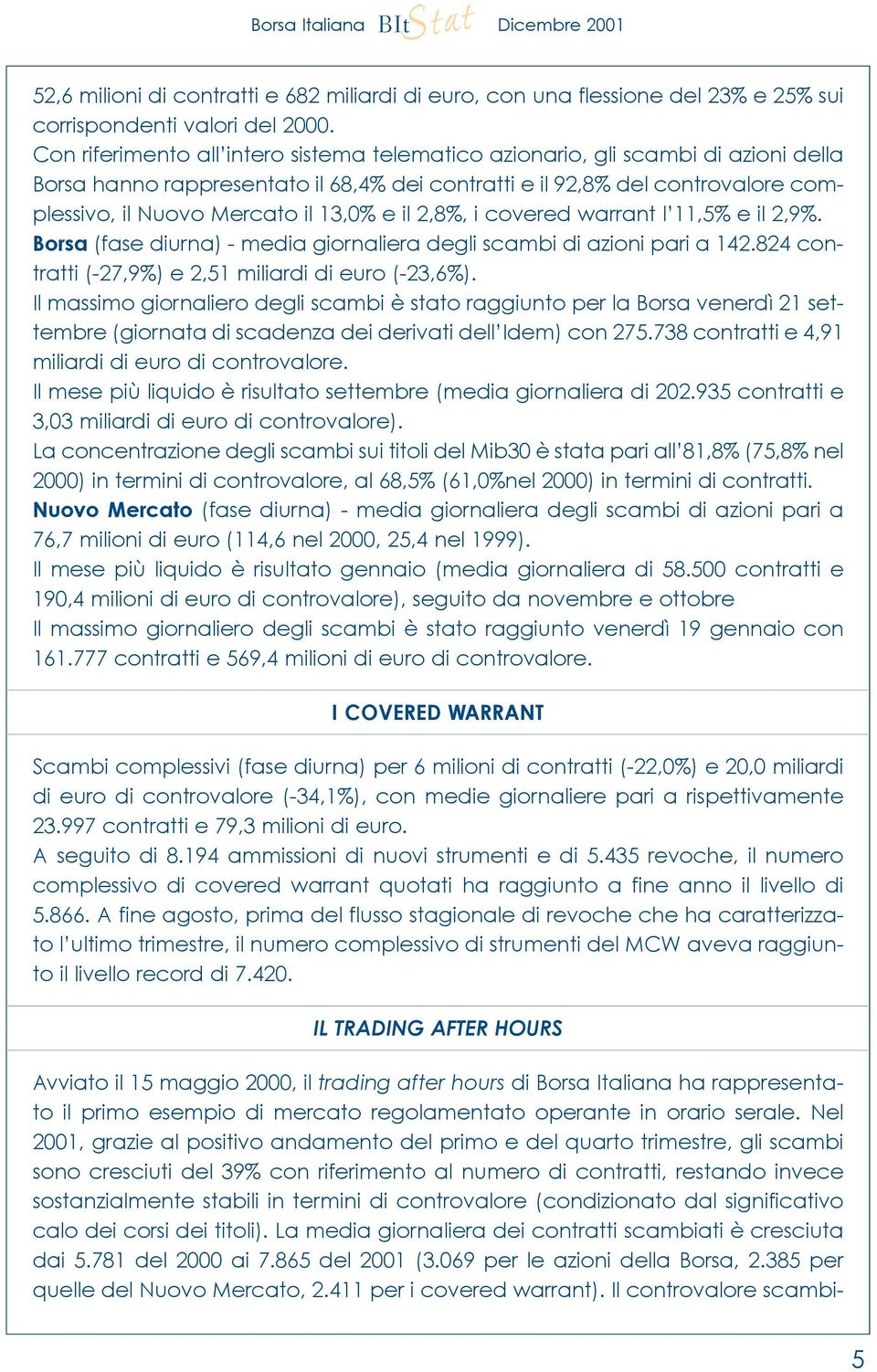 e il 2,8%, i covered warrant l 11,5% e il 2,9%. Borsa (fase diurna) - media giornaliera degli scambi di azioni pari a 142.824 contratti (-27,9%) e 2,51 miliardi di euro (-23,6%).