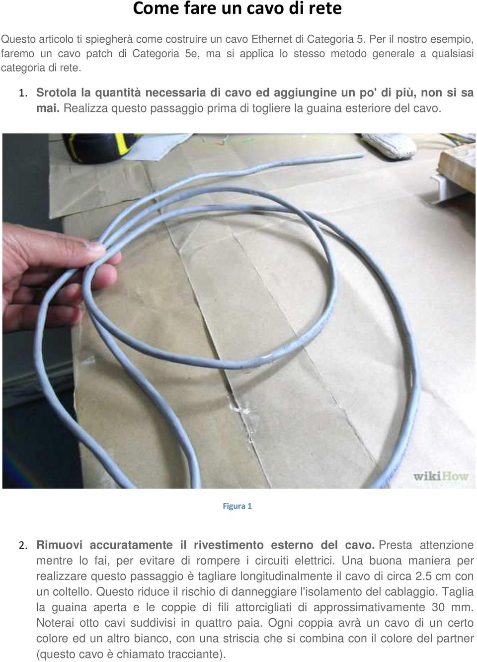 Srotola la quantità necessaria di cavo ed aggiungine un po' di più, non si sa mai. Realizza questo passaggio prima di togliere la guaina esteriore del cavo. Figura 1 2.