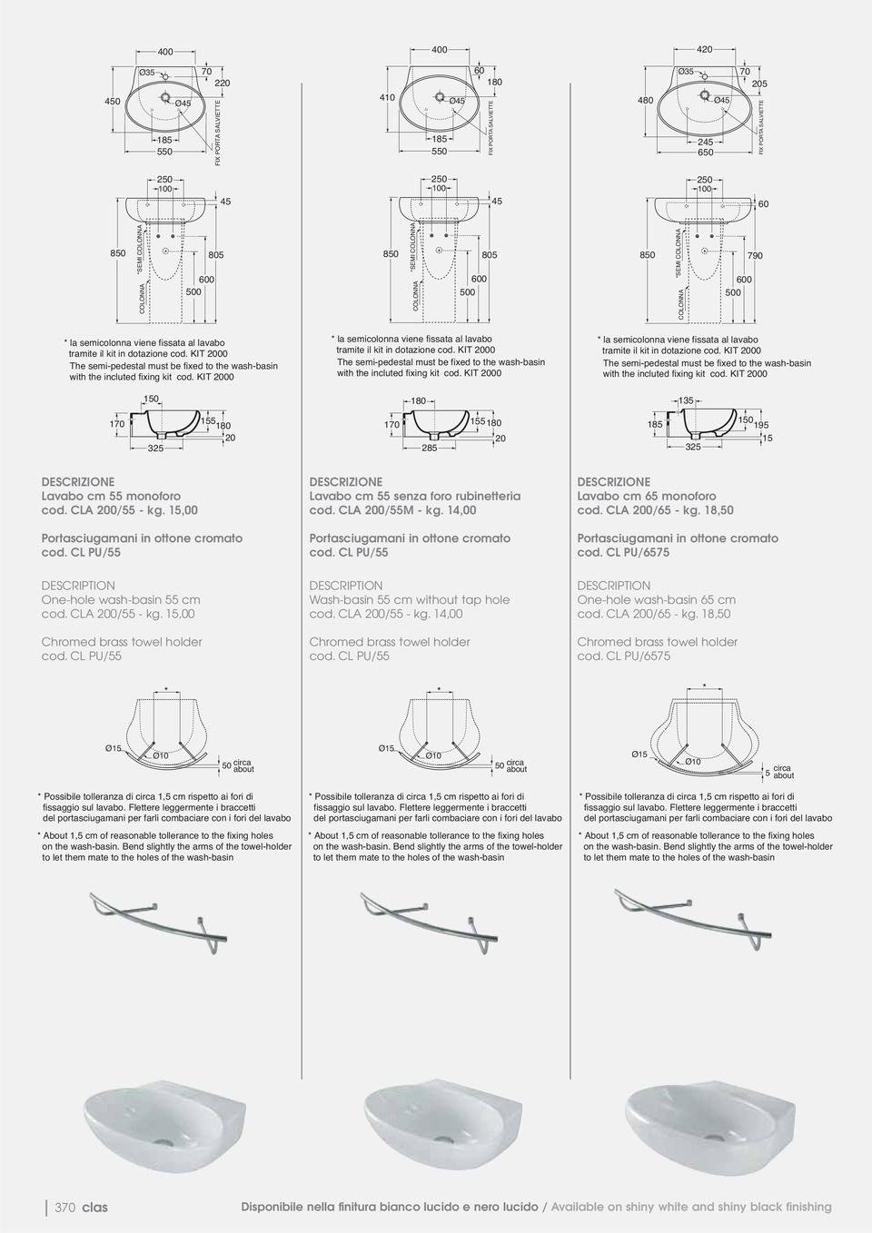 KIT 2000 The semi-pedestal must be fixed to the wash-basin with the incluted fixing kit cod. KIT 2000 150 170 155 180 20 325 * la semicolonna viene fissata al lavabo tramite il kit in dotazione cod.