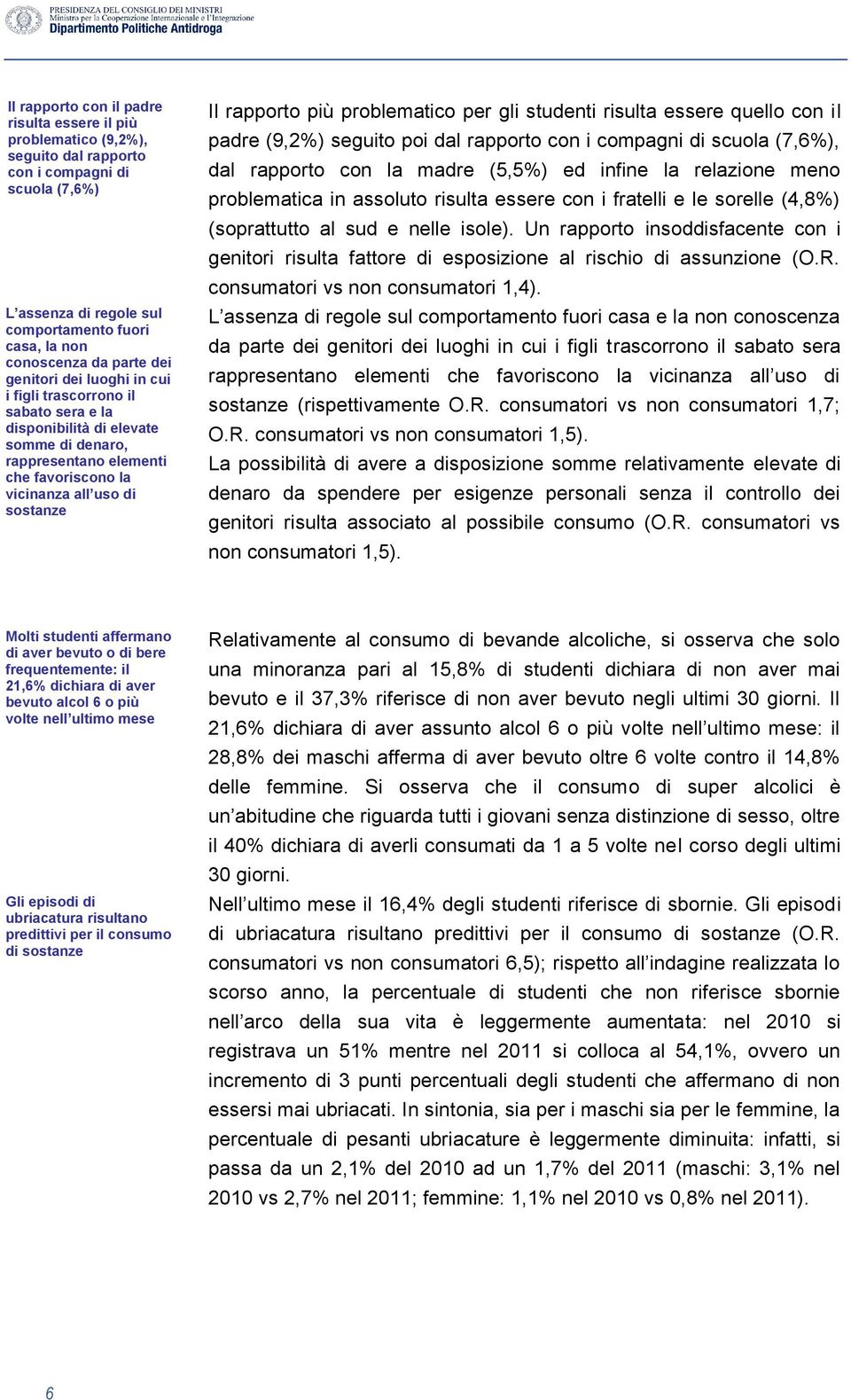 più problematico per gli studenti risulta essere quello con il padre (9,2%) seguito poi dal rapporto con i compagni di scuola (7,6%), dal rapporto con la madre (5,5%) ed infine la relazione meno