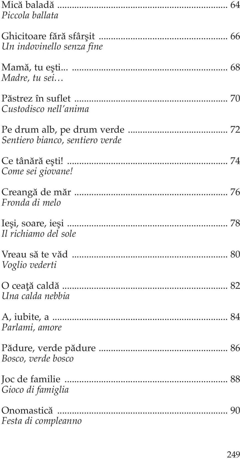 .. 76 Fronda di melo Ieşi, soare, ieşi... 78 Il richiamo del sole Vreau să te văd... 80 Voglio vederti O ceaţă caldă.