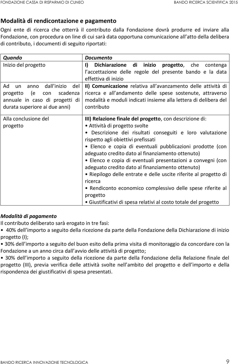 regole del presente bando e la data effettiva di inizio Ad un anno dall inizio del II) Comunicazione relativa all avanzamento delle attività di progetto (e con scadenza ricerca e all andamento delle