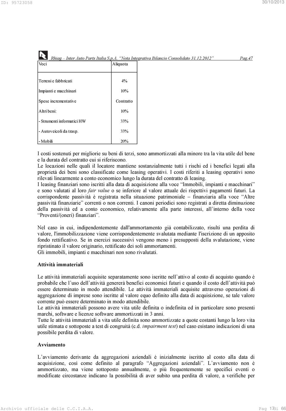 33% - Mobili 20% I costi sostenuti per migliorie su beni di terzi, sono ammortizzati alla minore tra la vita utile del bene e la durata del contratto cui si riferiscono.