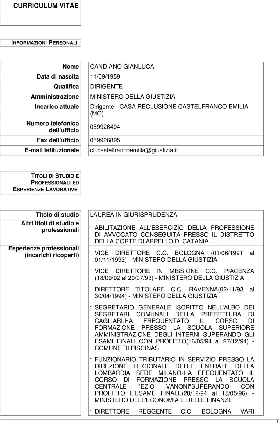 it TITOLI DI STUDIO E PROFESSIONALI ED ESPERIENZE LAVORATIVE Titolo di studio Altri titoli di studio e professionali Esperienze professionali (incarichi ricoperti) LAUREA IN GIURISPRUDENZA