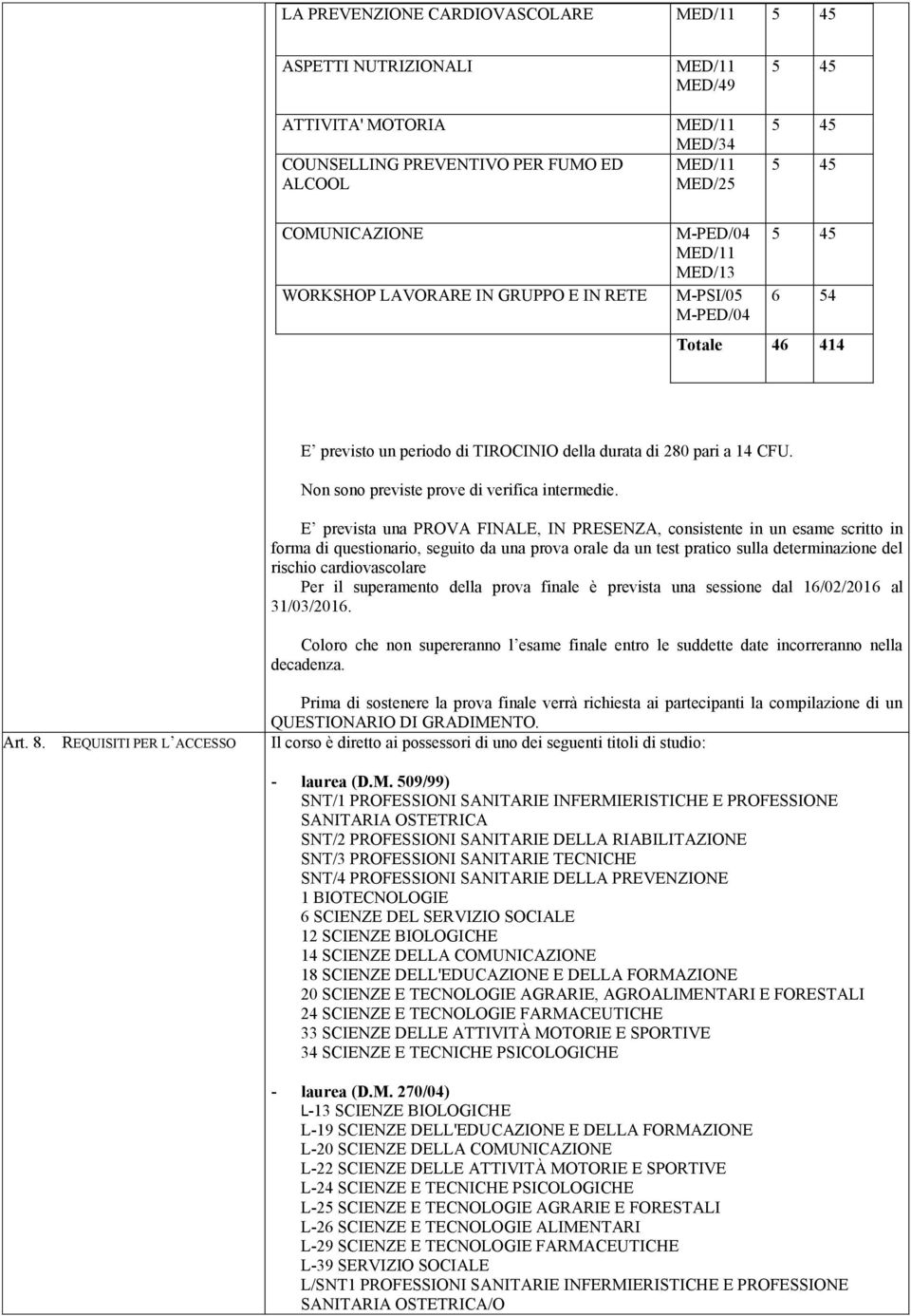 E prevista una PROVA FINALE, IN PRESENZA, consistente in un esame scritto in forma di questionario, seguito da una prova orale da un test pratico sulla determinazione del rischio cardiovascolare Per