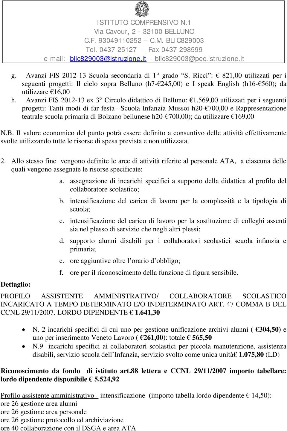 569,00 utilizzati per i seguenti progetti: Tanti modi di far festa Scuola Infanzia Mussoi h20-700,00 e Rappresentazione teatrale scuola primaria di Bolzano bellunese h20-700,00); da utilizzare 169,00