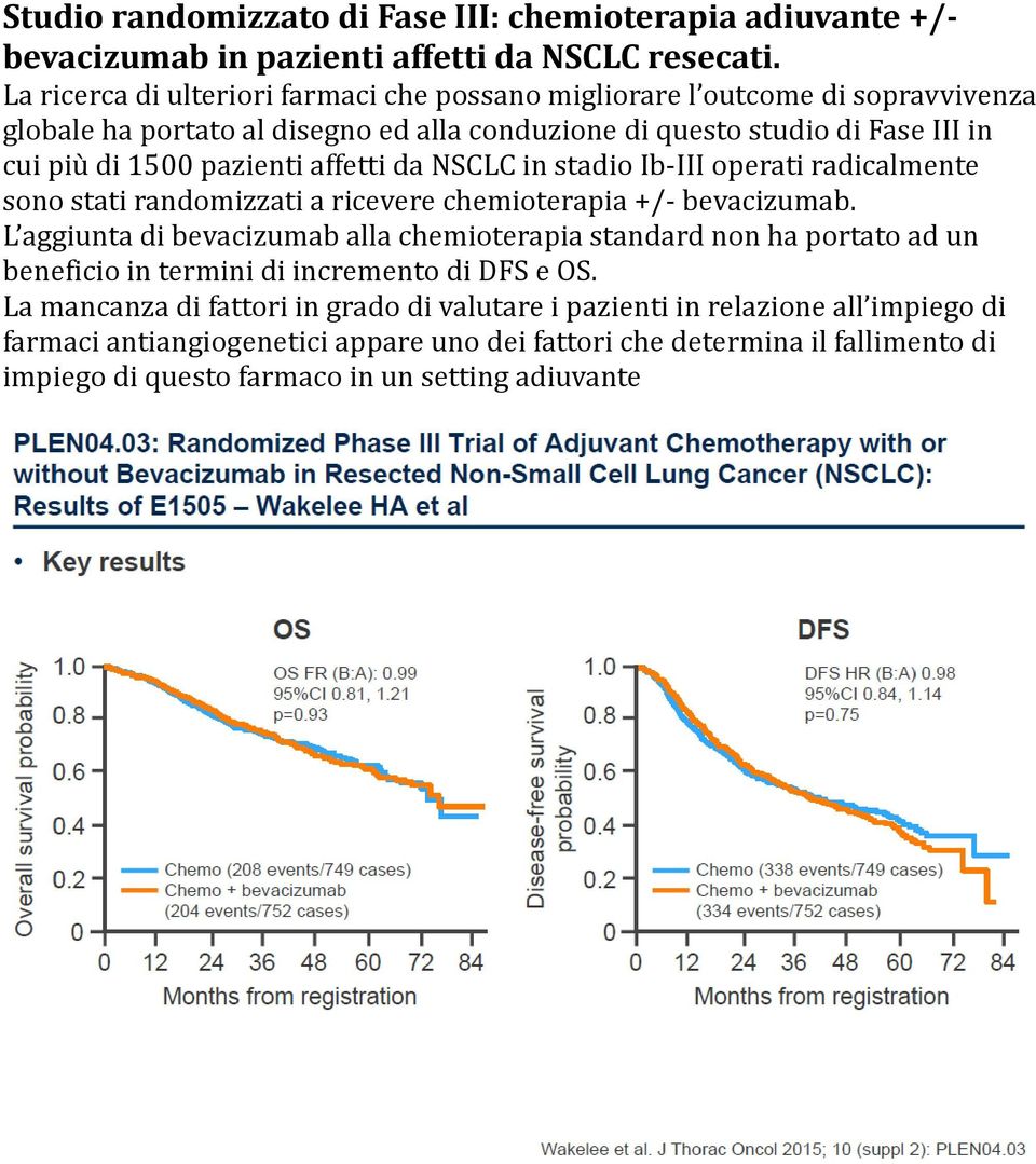 affetti da NSCLC in stadio Ib-III operati radicalmente sono stati randomizzati a ricevere chemioterapia +/- bevacizumab.