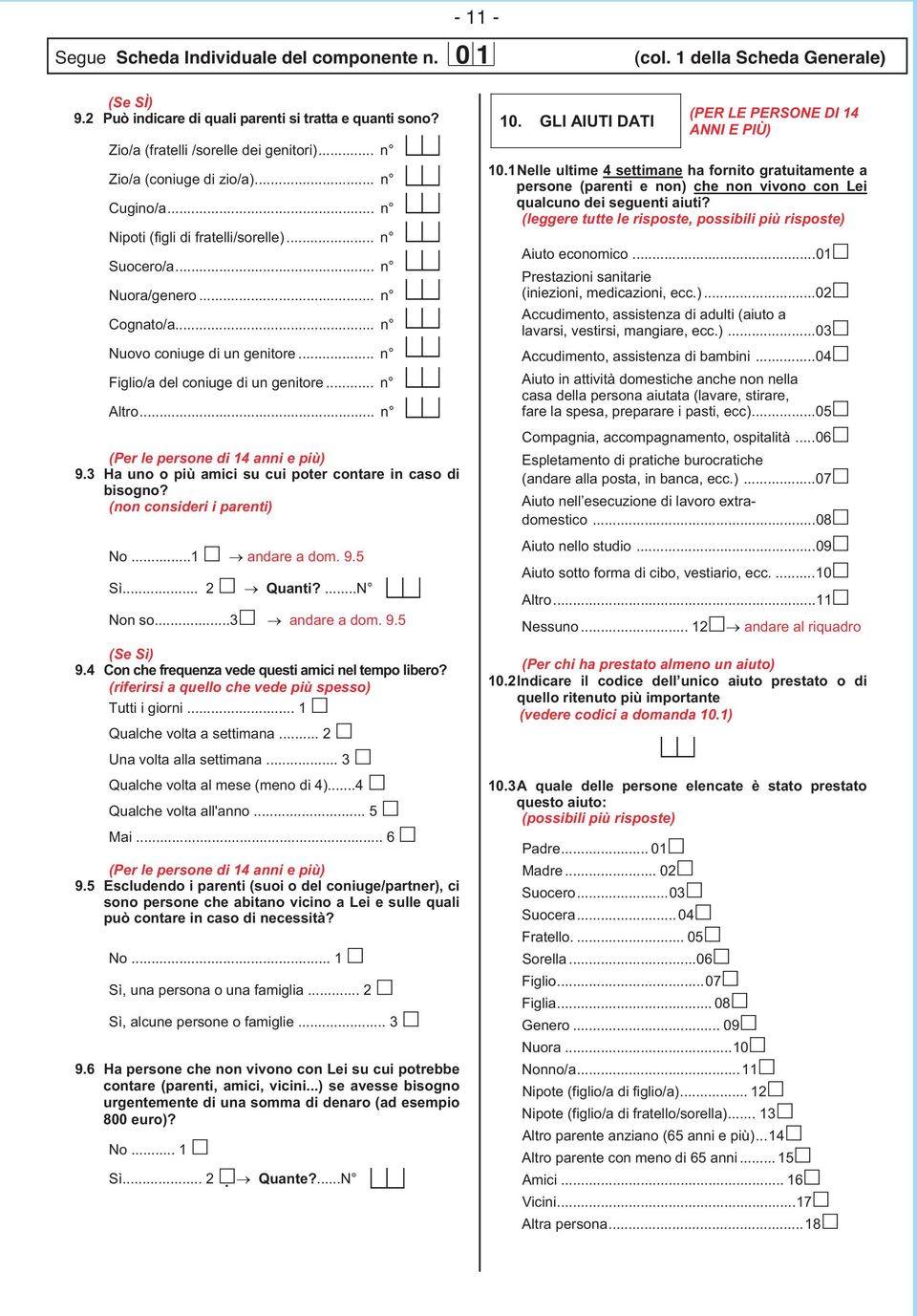 .. n Altro... n (Per le persone i 14 anni e più) 9.3 Ha uno o più amici su cui poter contare in caso i isogno? (non consieri i parenti) No...1 anare a om. 9.5 Sì... 2 Quanti?...N Non so...3 anare a om.