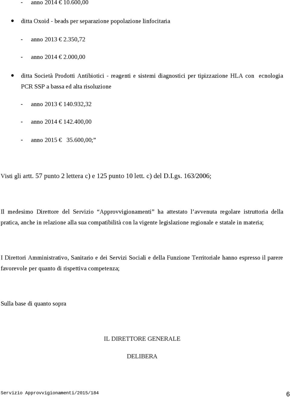 400,00 - anno 2015 35.600,00; Visti gli artt. 57 punto 2 lettera c) e 125 punto 10 lett. c) del D.Lgs.