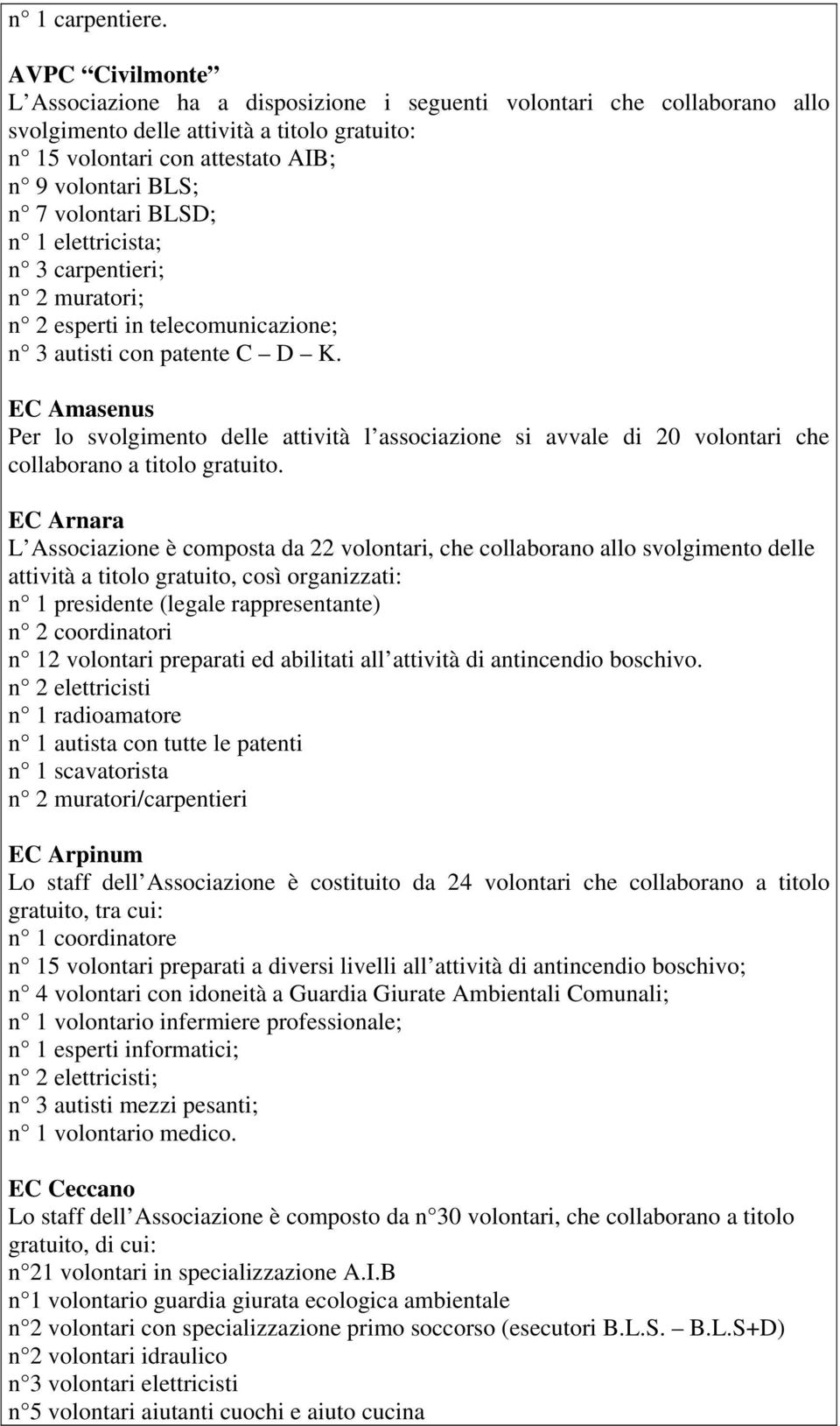 volontari BLSD; n 1 elettricista; n 3 carpentieri; n 2 muratori; n 2 esperti in telecomunicazione; n 3 autisti con patente C D K.