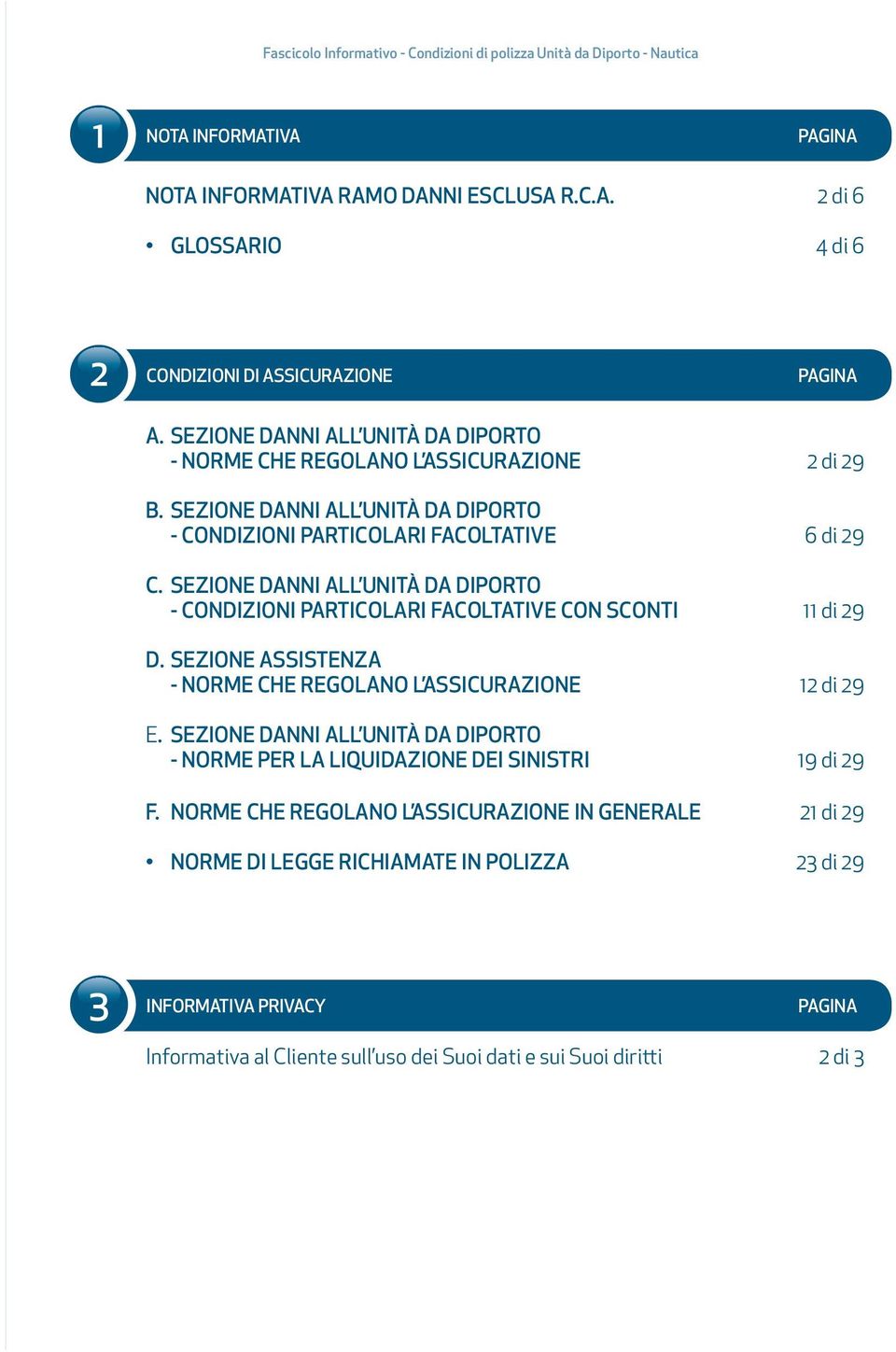 SEZIONE DANNI ALL UNITÀ DA DIPORTO - CONDIZIONI PARTICOLARI FACOLTATIVE CON SCONTI 11 di 29 D. SEZIONE ASSISTENZA - NORME CHE REGOLANO L ASSICURAZIONE 12 di 29 E.