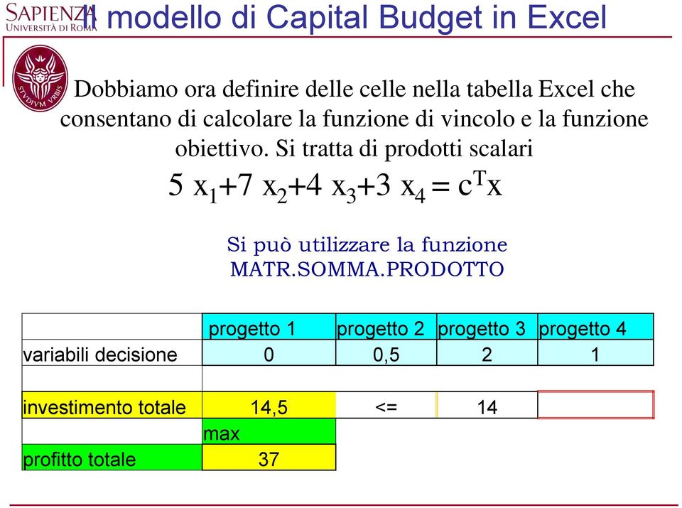 Si tratta di prodotti scalari 5 x +7 x 2 +4 x 3 +3 x 4 = c T x Si può utilizzare la funzione MATR.