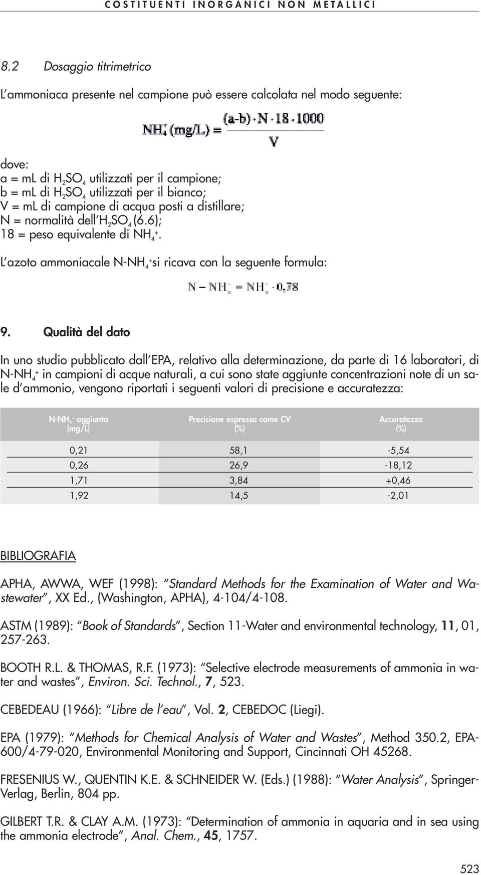 Qualità del dato In uno studio pubblicato dall EPA, relativo alla determinazione, da parte di 16 laboratori, di N-NH 4+ in campioni di acque naturali, a cui sono state aggiunte concentrazioni note di