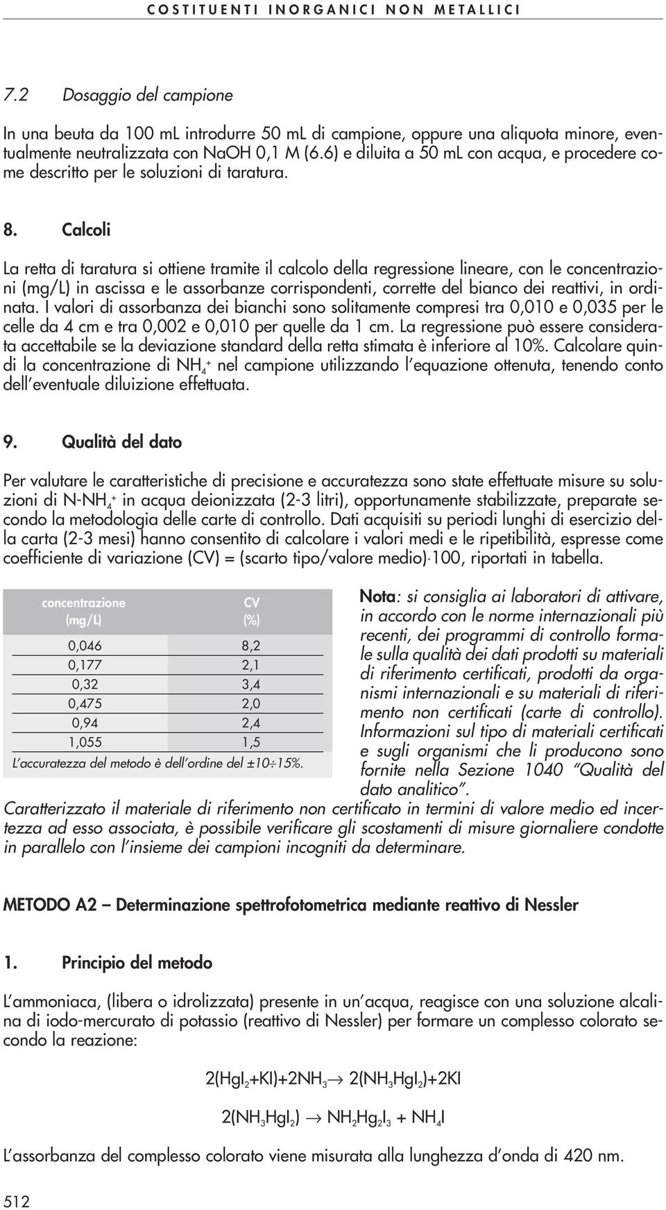 Calcoli La retta di taratura si ottiene tramite il calcolo della regressione lineare, con le concentrazioni (mg/l) in ascissa e le assorbanze corrispondenti, corrette del bianco dei reattivi, in