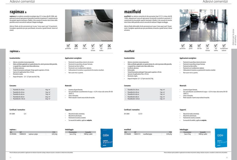 maxifluid è un adesivo cementizio di alte prestazioni tipo C2 E S1, in base alla EN 12004, adeguato per la posa di ogni genere di piastrelle ceramiche in pavimenti.